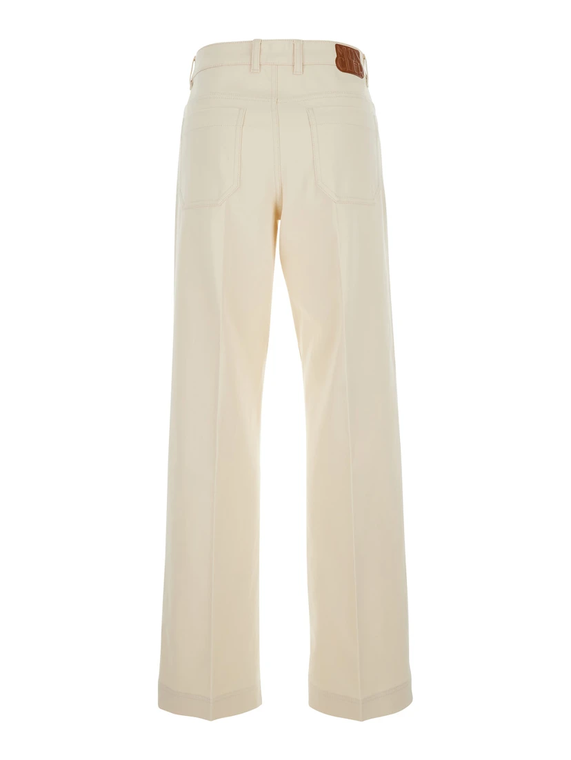 Beige Five Pocket Jeans with Logo Patch on the Back in Cotton Woman