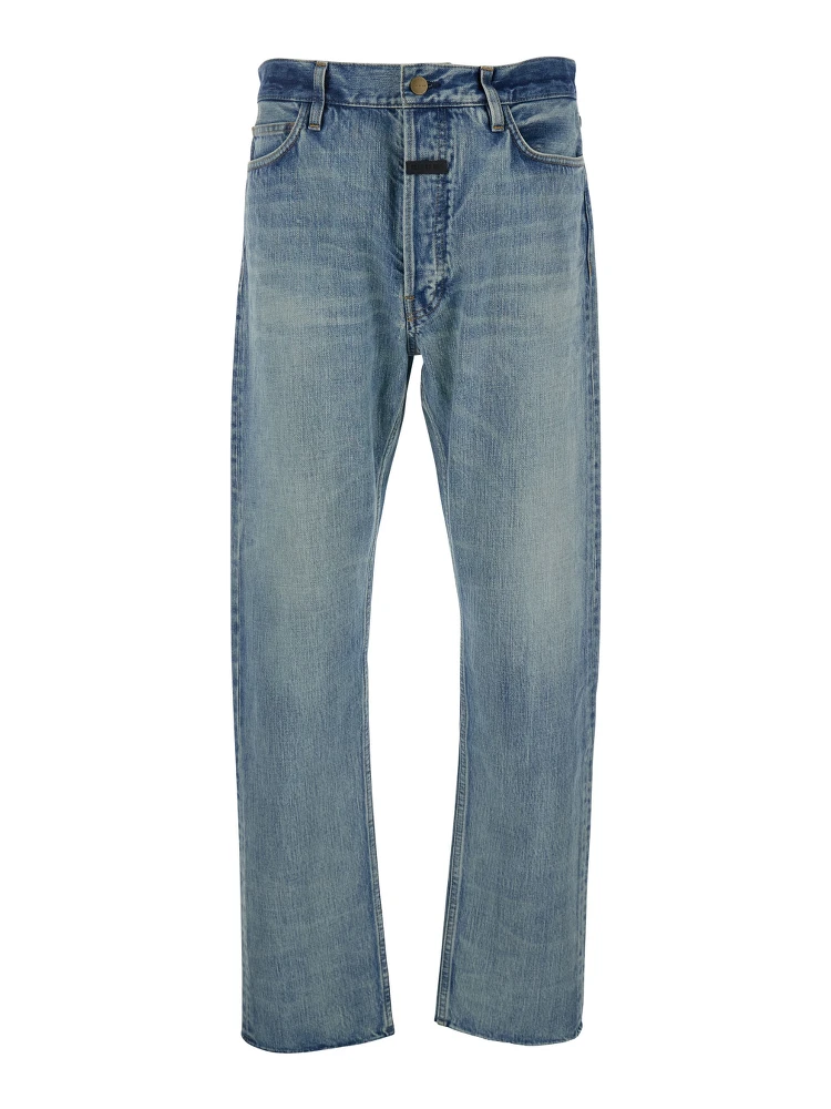 Blue Five-Pocket Jeans with Front Logo Patch in Denim Man