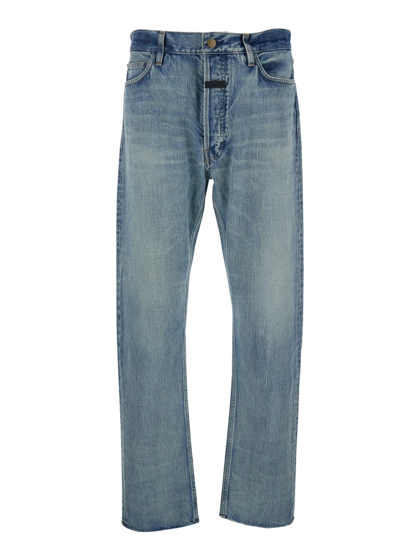 Blue Five-Pocket Jeans with Front Logo Patch in Denim Man