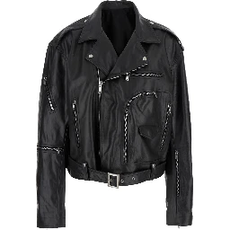 Jumbo Black Cropped Jacket with Notched Revers and Waist Belt in Leather Woman