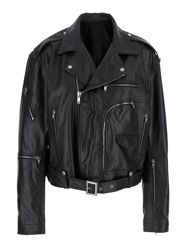 Jumbo Black Cropped Jacket with Notched Revers and Waist Belt in Leather Woman