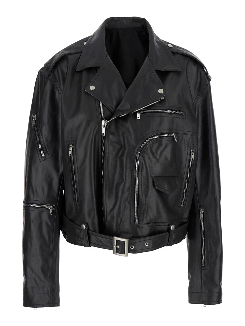 Jumbo Black Cropped Jacket with Notched Revers and Waist Belt in Leather Woman