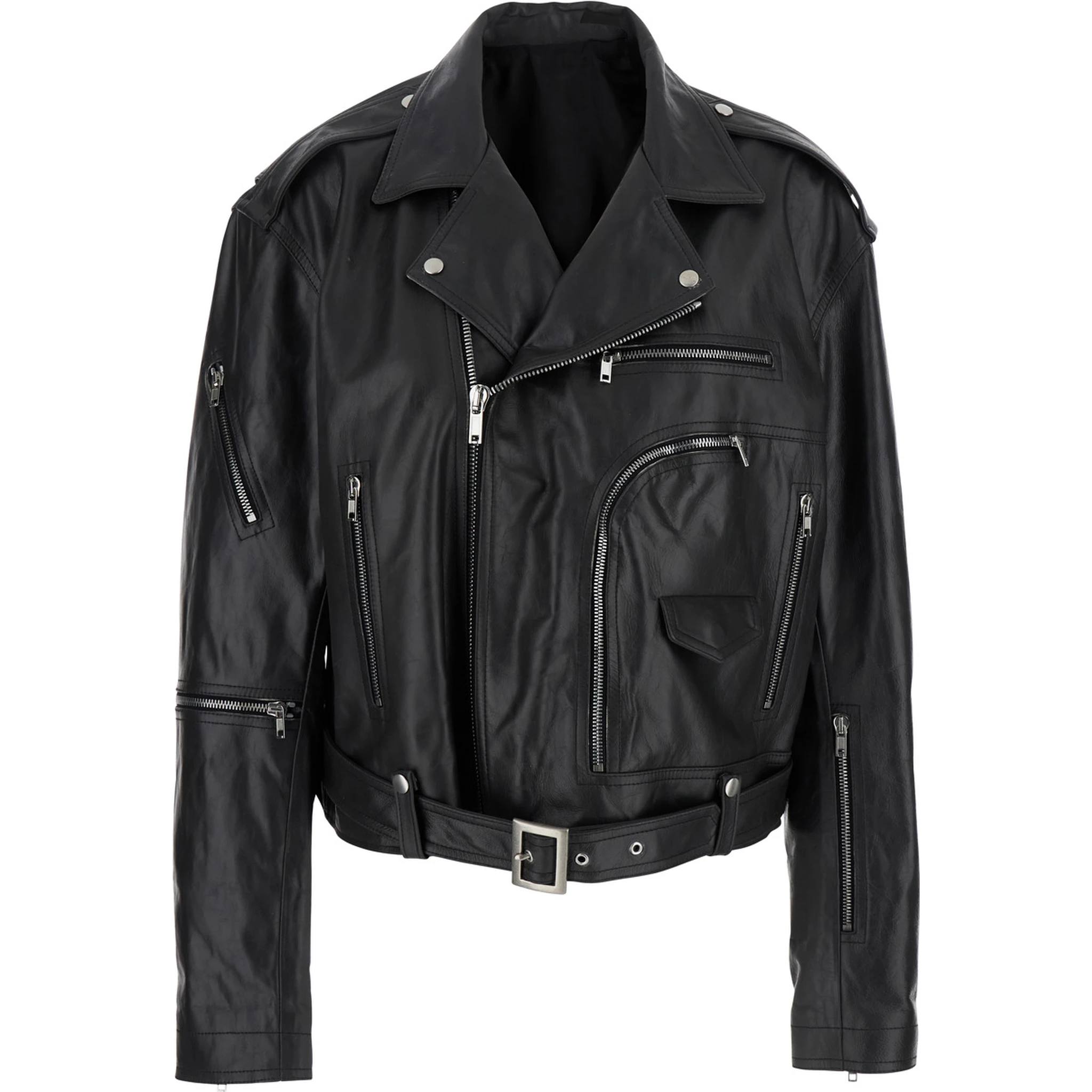 Jumbo Black Cropped Jacket with Notched Revers and Waist Belt in Leather Woman