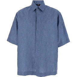 Blue Shirt with Pointed Collar and All-Over FF Motif in Linen Blend Man