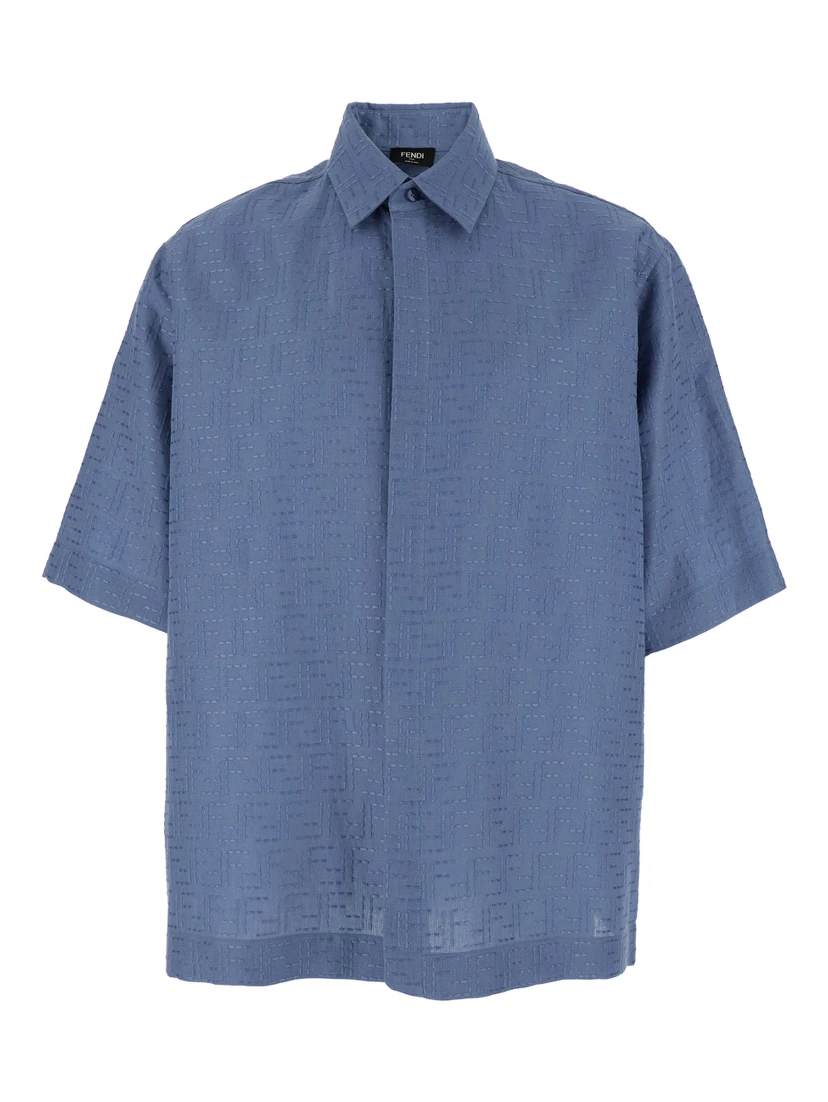 Blue Shirt with Pointed Collar and All-Over FF Motif in Linen Blend Man