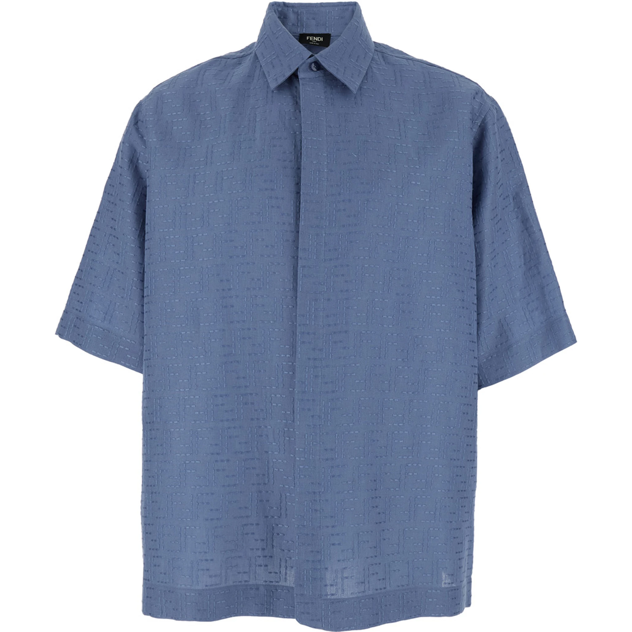 Blue Shirt with Pointed Collar and All-Over FF Motif in Linen Blend Man