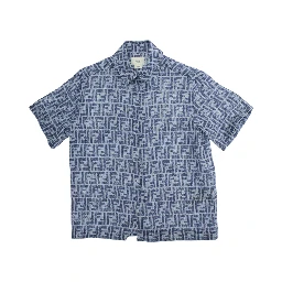 Blue Shirt with Classic Collar and All-Over FF Motif in Linen Boy