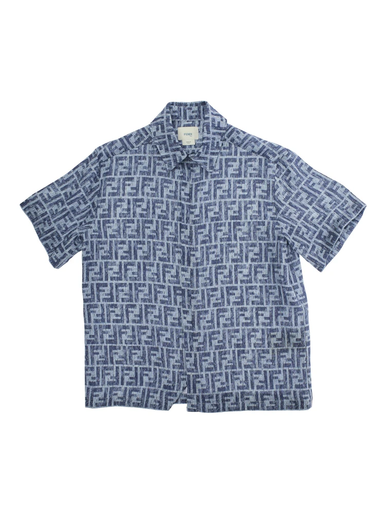 Blue Shirt with Classic Collar and All-Over FF Motif in Linen Boy