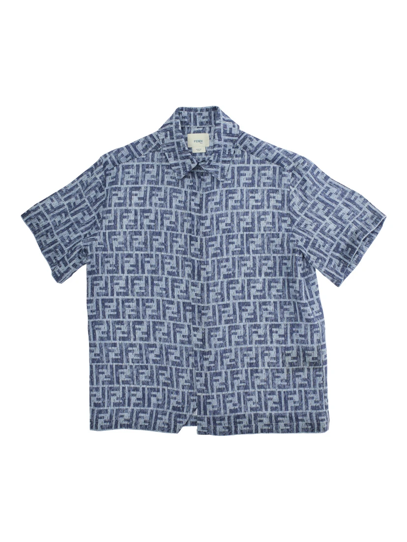 Blue Shirt with Classic Collar and All-Over FF Motif in Linen Boy