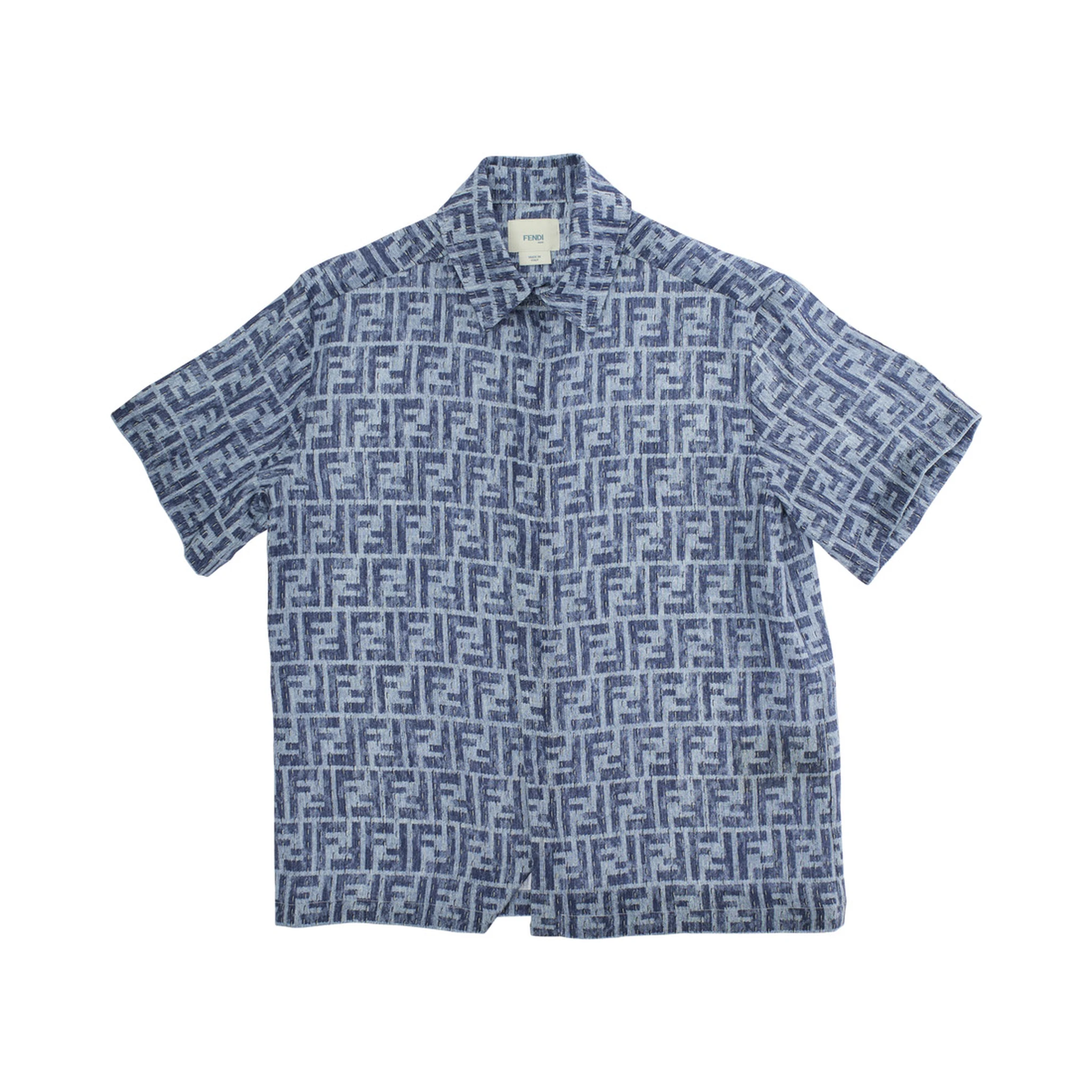 Blue Shirt with Classic Collar and All-Over FF Motif in Linen Boy