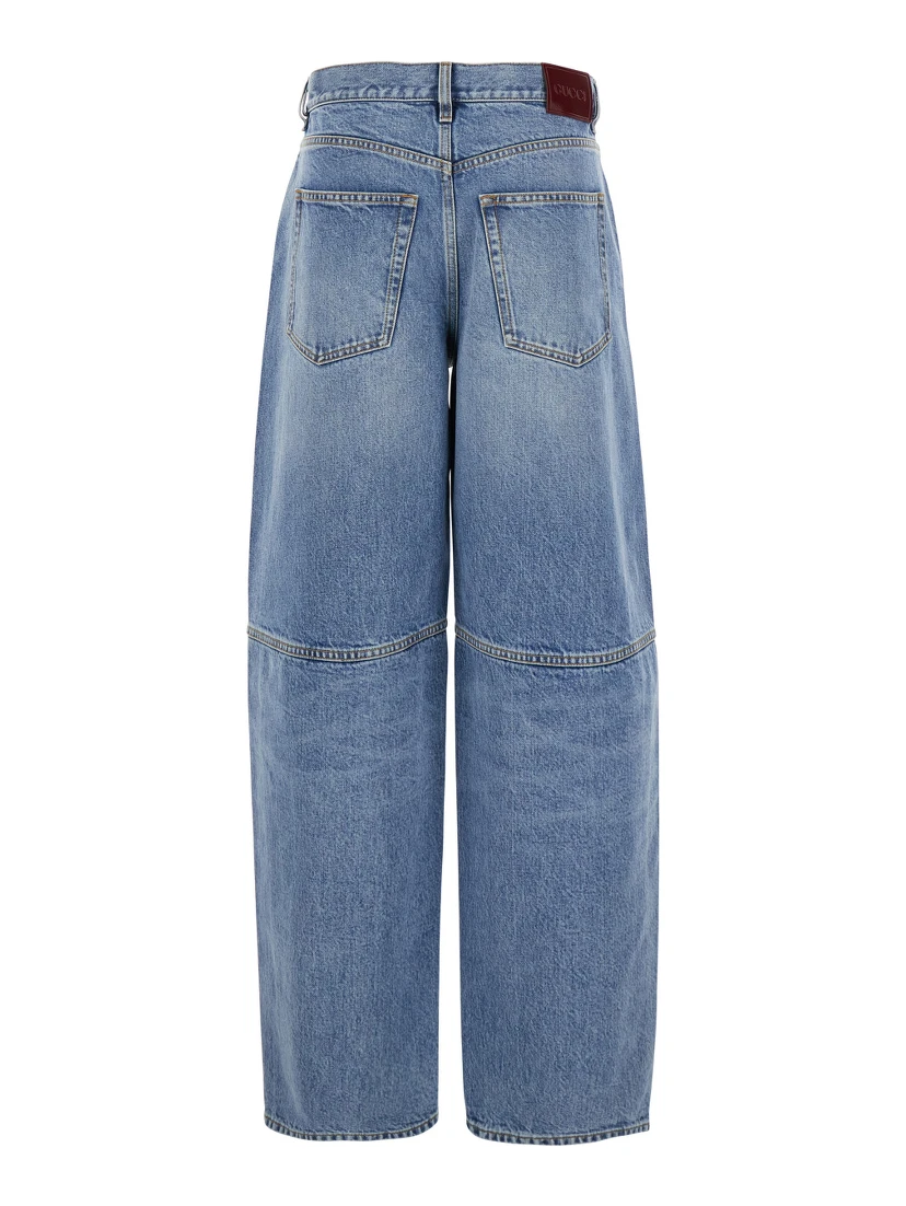 Blue Jeans with Logo Patch on the Rear and Wide Leg in Denim Woman