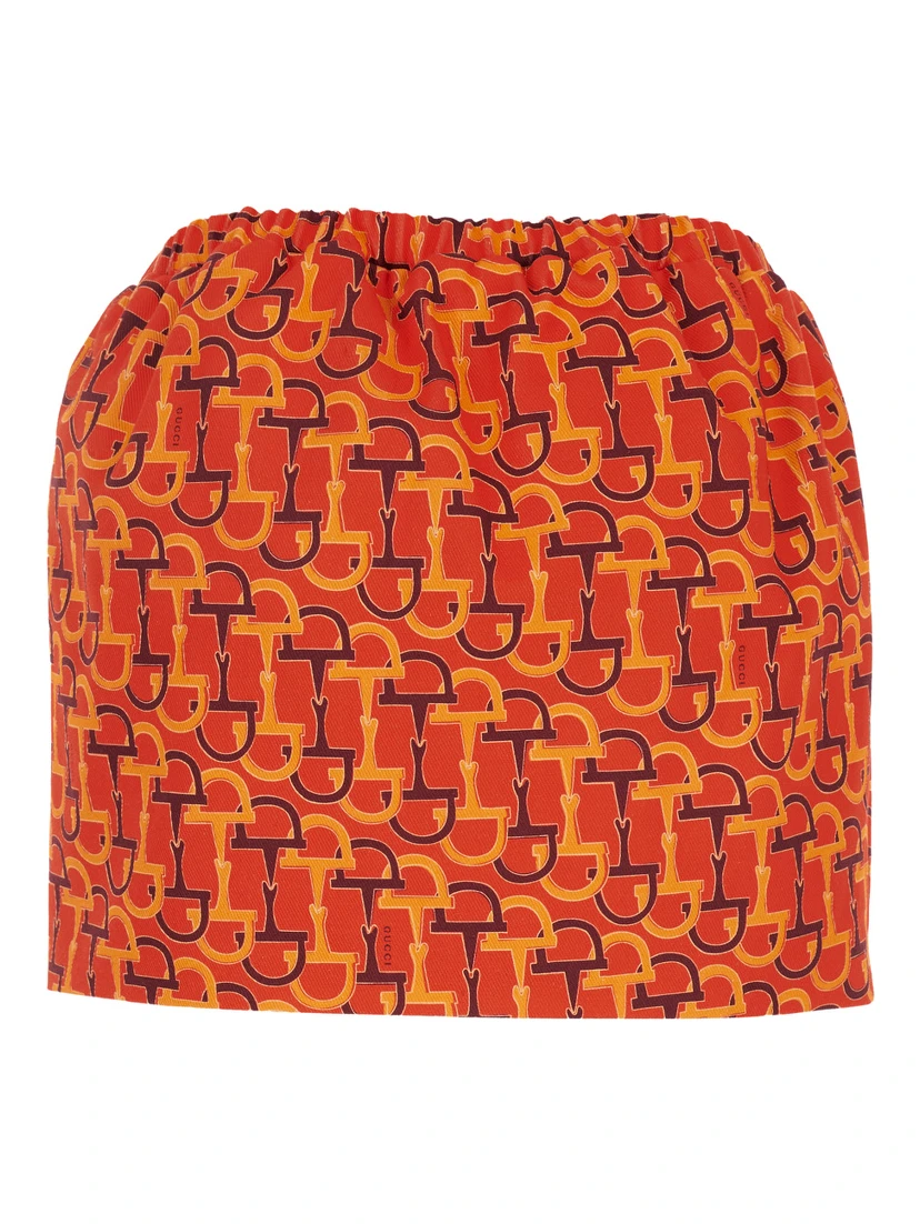 Orange Skirt with Elastic Waist and All-Over Horsebit Print in Cotton Woman