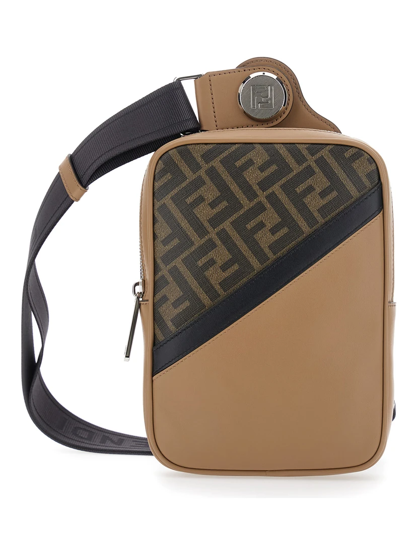 Brown Crossbody Bag with Logo Plaque on the Front and Shoulder Strap in FF Canvas and Leather Woman