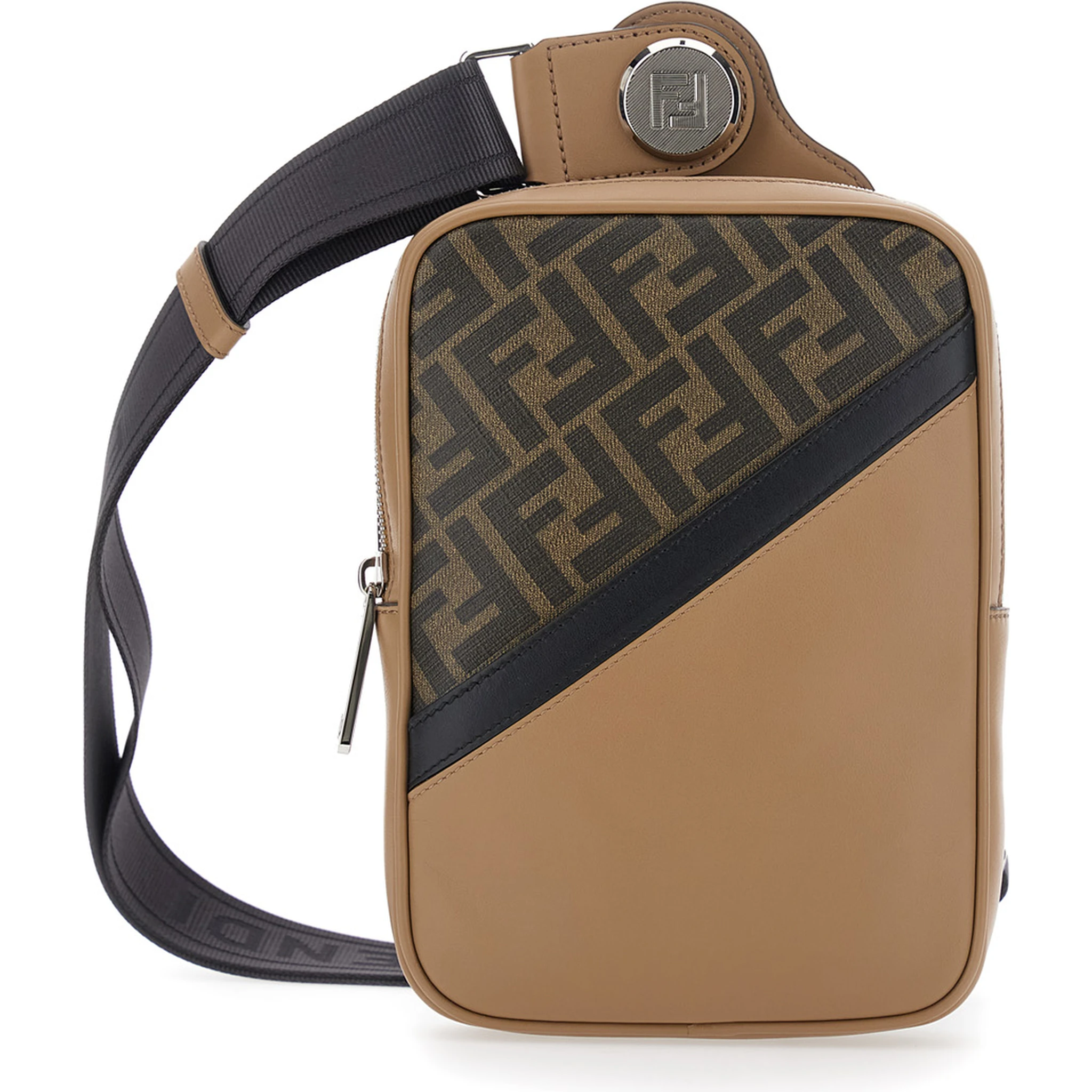 Brown Crossbody Bag with Logo Plaque on the Front and Shoulder Strap in FF Canvas and Leather Woman