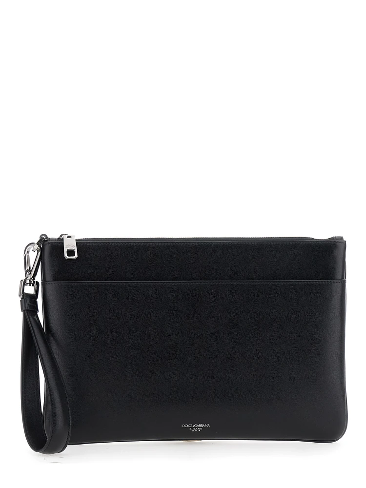 Black Clutch with Removable Wrist Strap and Logo Lettering on the Front in Leather Man