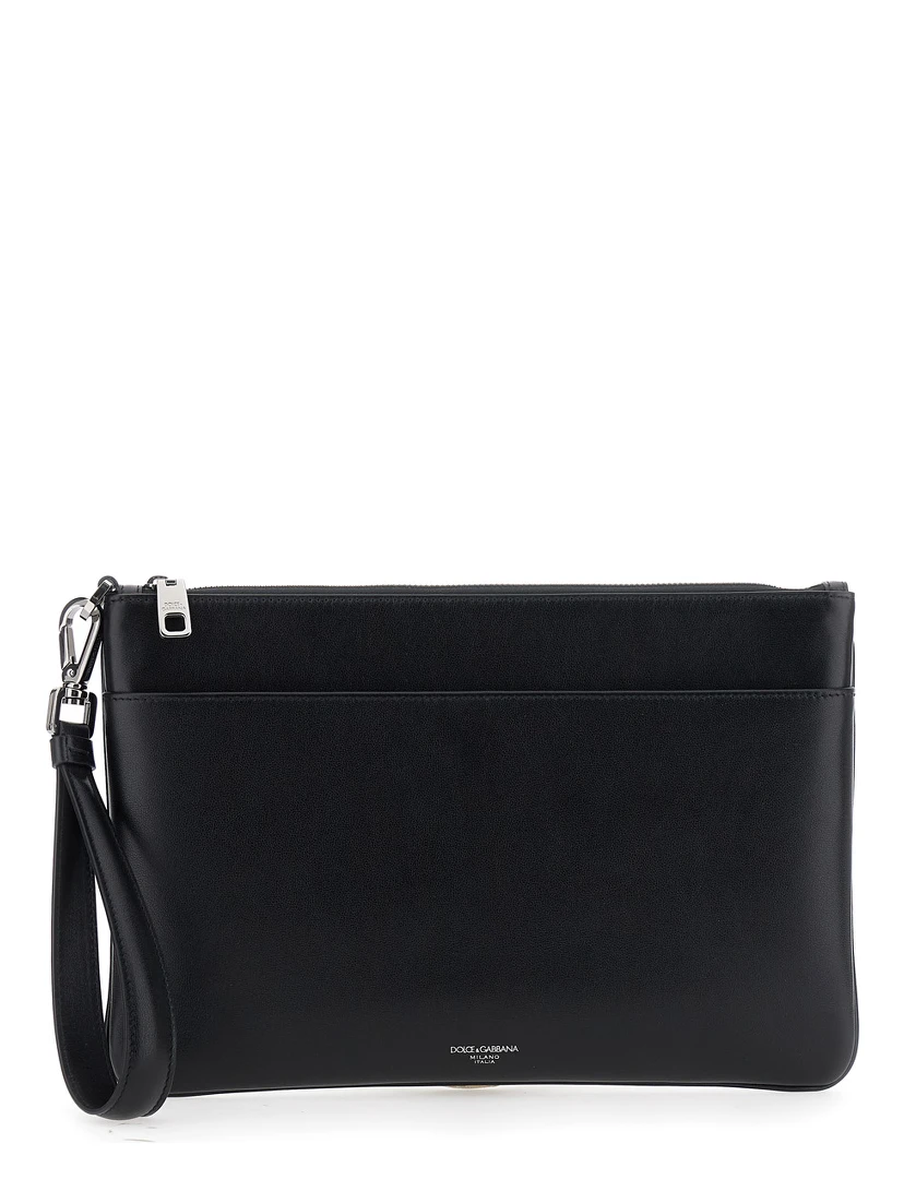 Black Clutch with Removable Wrist Strap and Logo Lettering on the Front in Leather Man