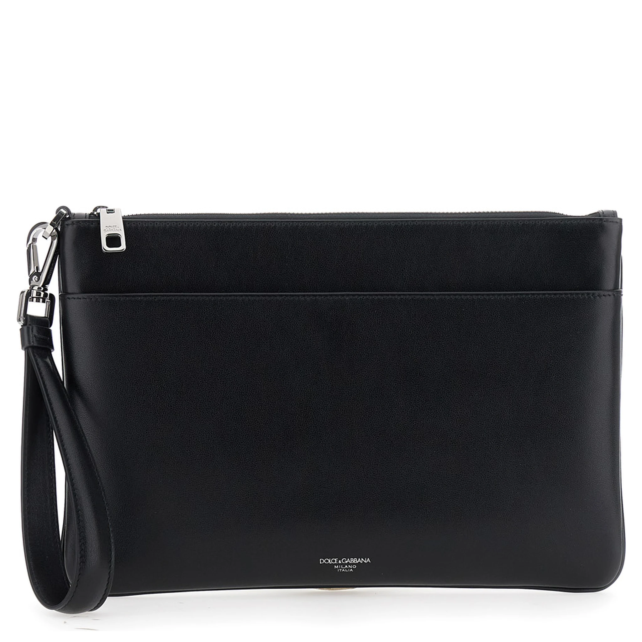 Black Clutch with Removable Wrist Strap and Logo Lettering on the Front in Leather Man