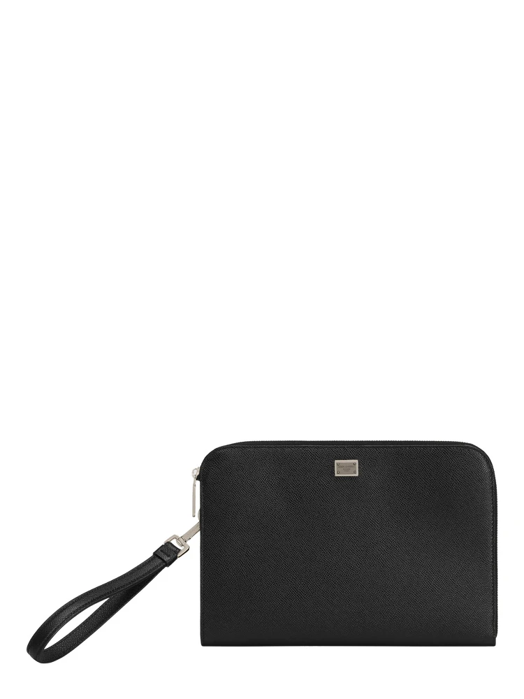 Black Clutch with Removable Wrist Strap and Logo Plaque on the Front in Grained Leather Man