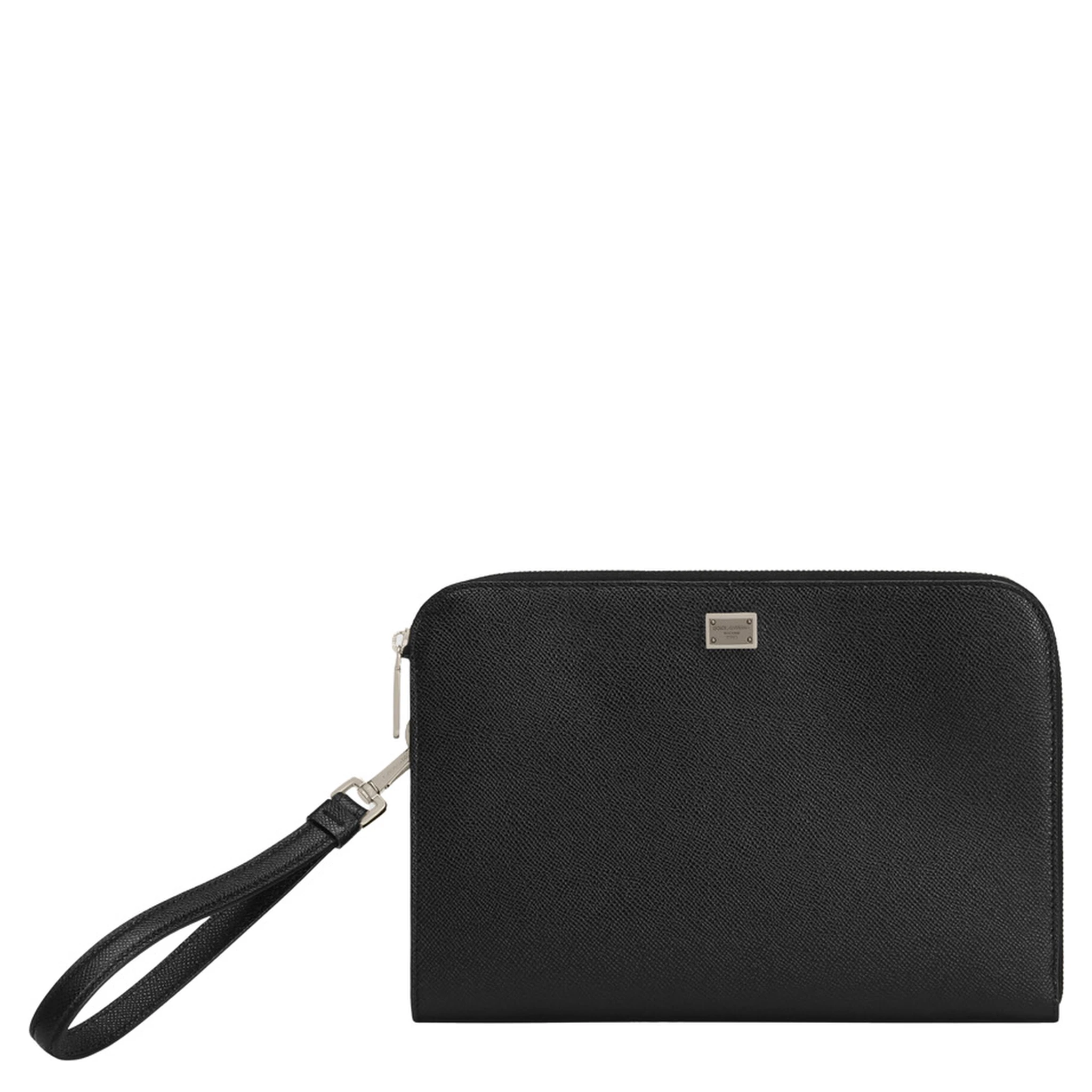 Black Clutch with Removable Wrist Strap and Logo Plaque on the Front in Grained Leather Man