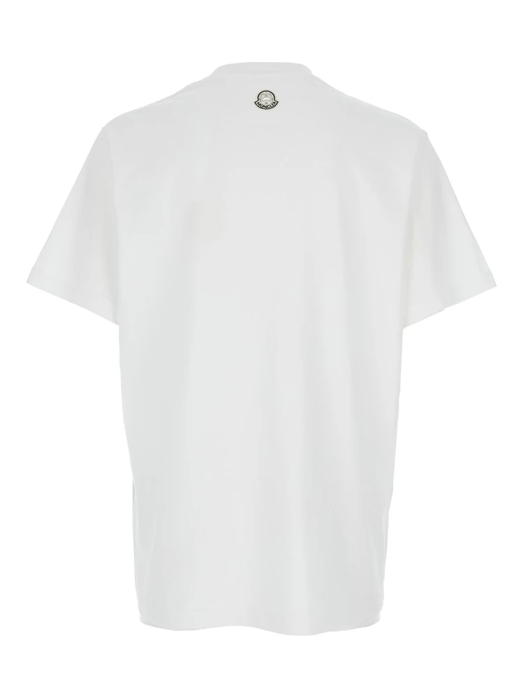 White Crewneck T-Shirt with Logoed Motif and Car Print in Cotton Jersey Man alternative