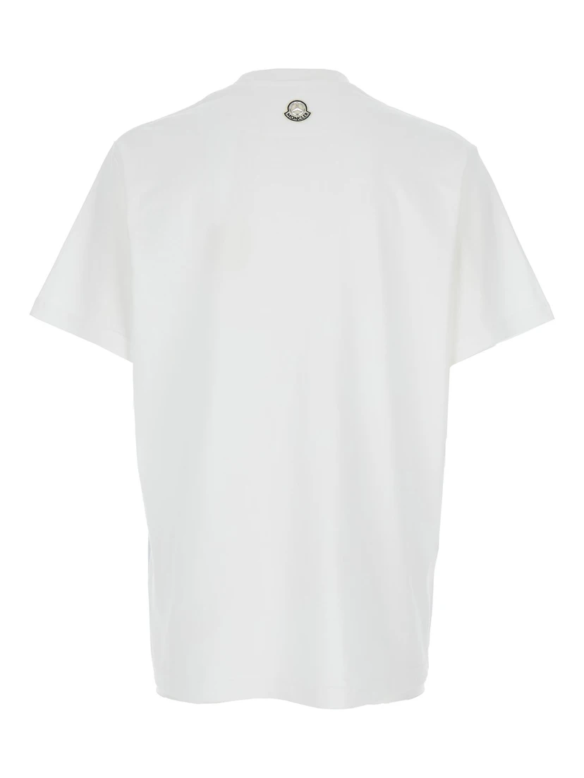 White Crewneck T-Shirt with Logoed Motif and Car Print in Cotton Jersey Man