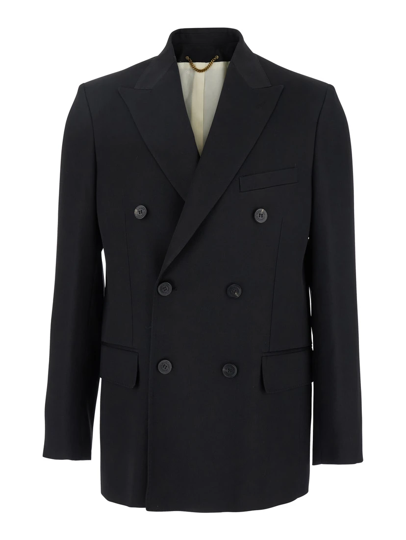 Black Double-Breasted Jacket with Peak Lapels in Virgin Wool Man