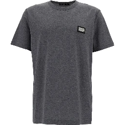 Grey Crewneck T-Shirt with Logo Plaque in Cotton Man