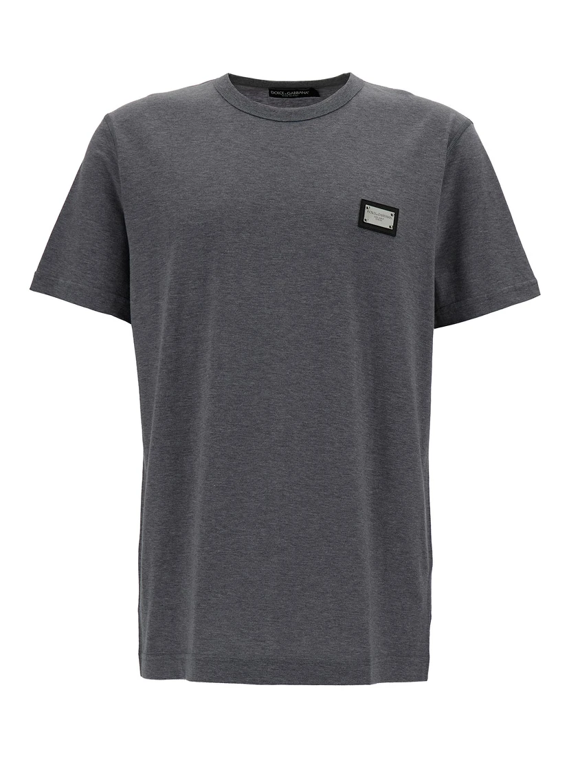Grey Crewneck T-Shirt with Logo Plaque in Cotton Man