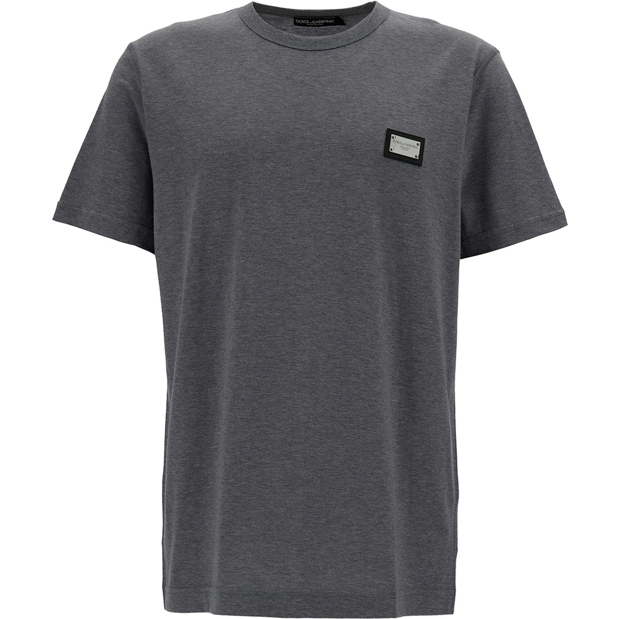 Grey Crewneck T-Shirt with Logo Plaque in Cotton Man