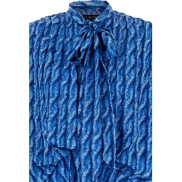 Blue Long Dress with All-Over Print and Bow Closure in Fabric Woman