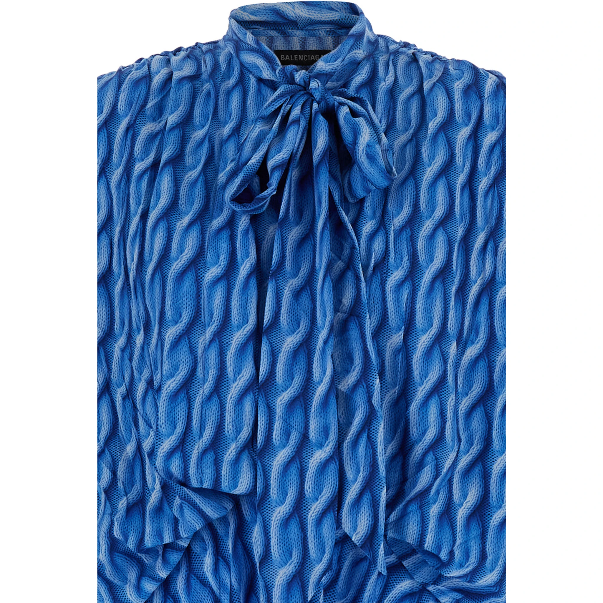 Blue Long Dress with All-Over Print and Bow Closure in Fabric Woman