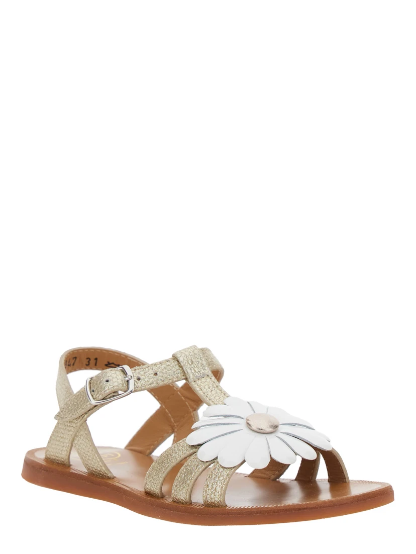 Plagette Metallic Open Toe Sandals with Daisy Flower Application on Front in Leather Girl