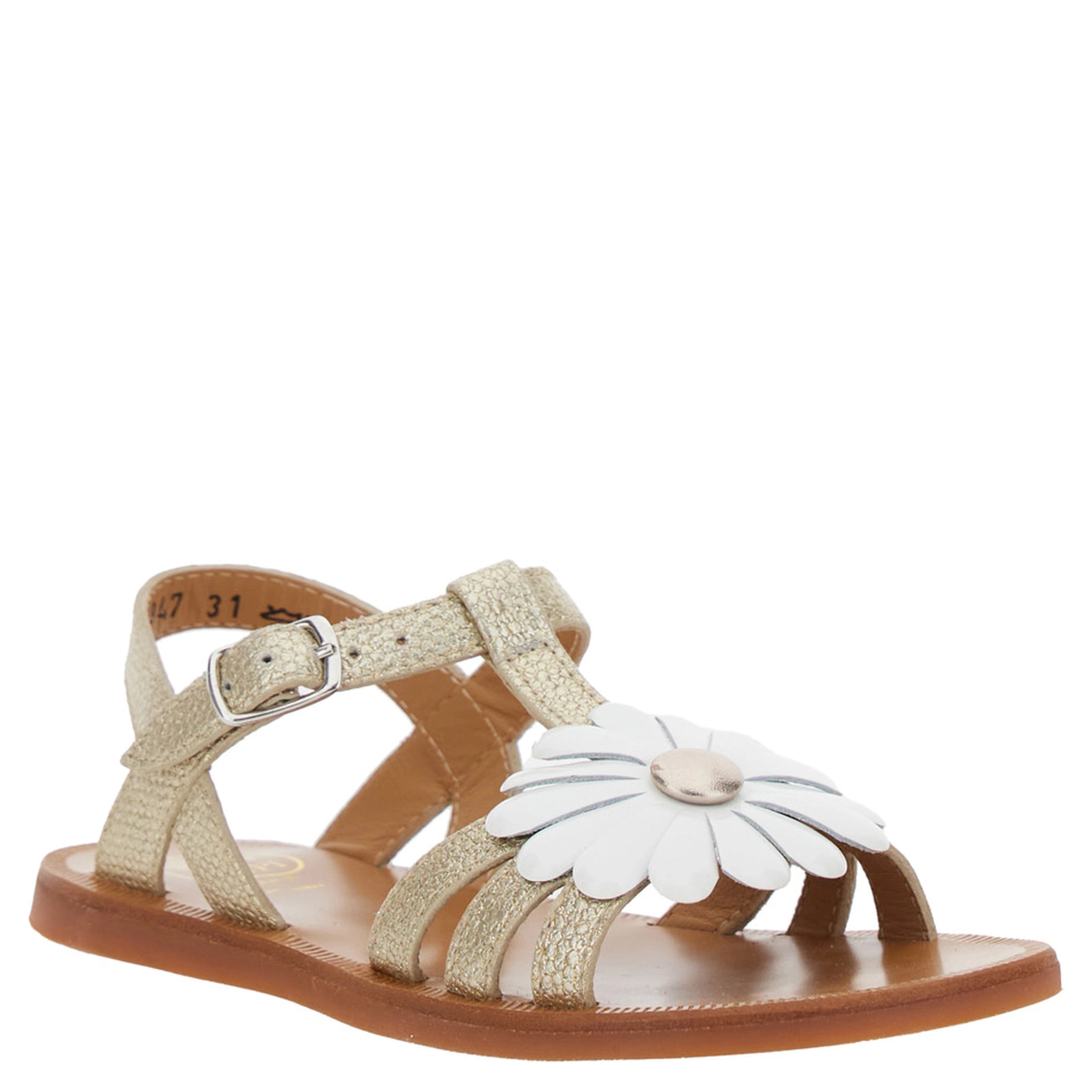 Plagette Metallic Open Toe Sandals with Daisy Flower Application on Front in Leather Girl