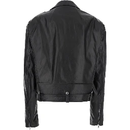 Jumbo Black Cropped Jacket with Notched Revers and Waist Belt in Leather Woman