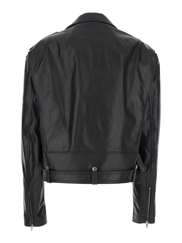 Jumbo Black Cropped Jacket with Notched Revers and Waist Belt in Leather Woman alternative