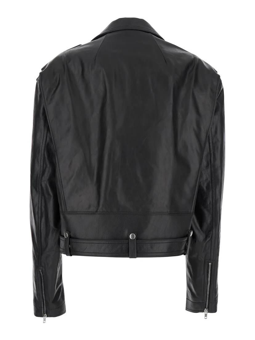 Jumbo Black Cropped Jacket with Notched Revers and Waist Belt in Leather Woman