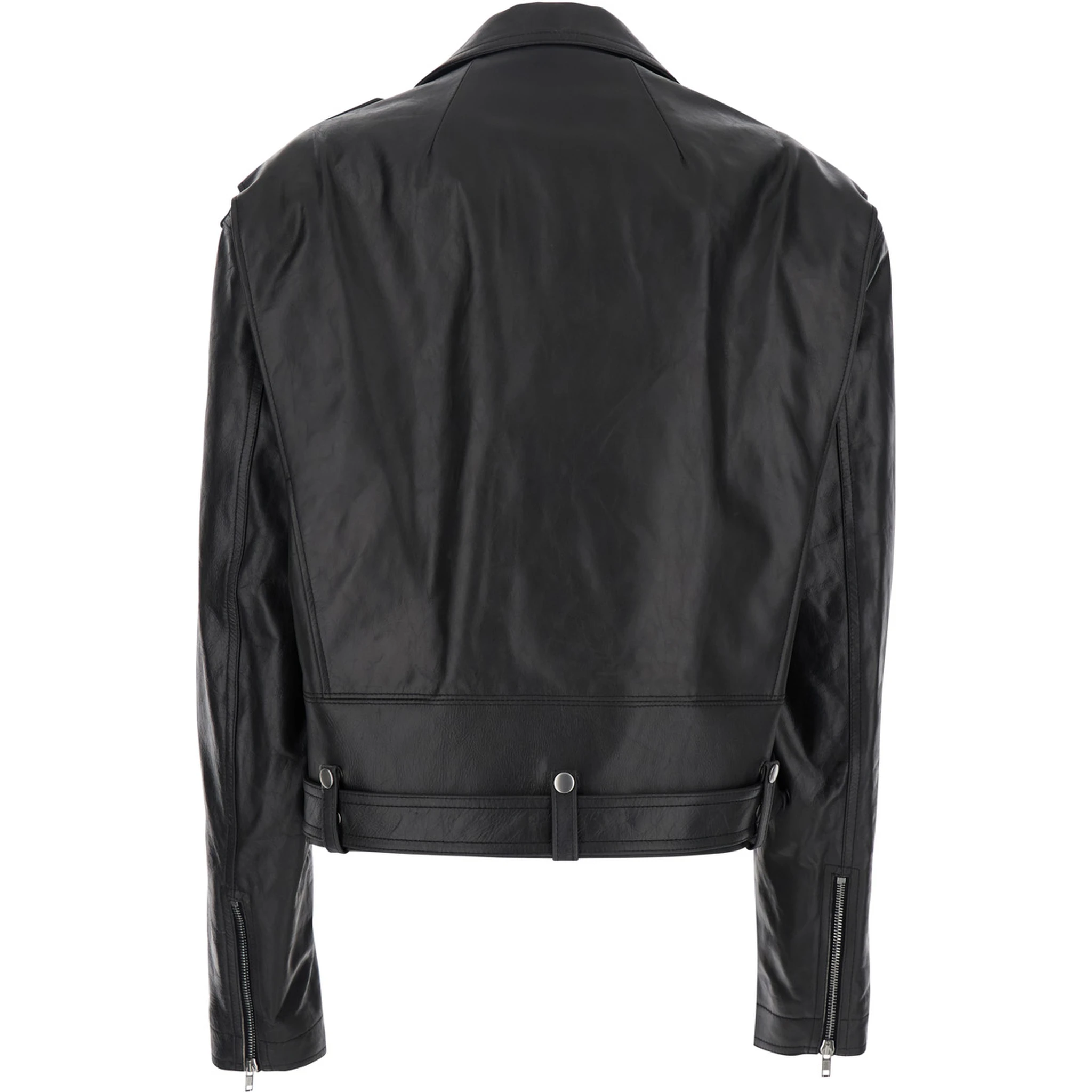 Jumbo Black Cropped Jacket with Notched Revers and Waist Belt in Leather Woman