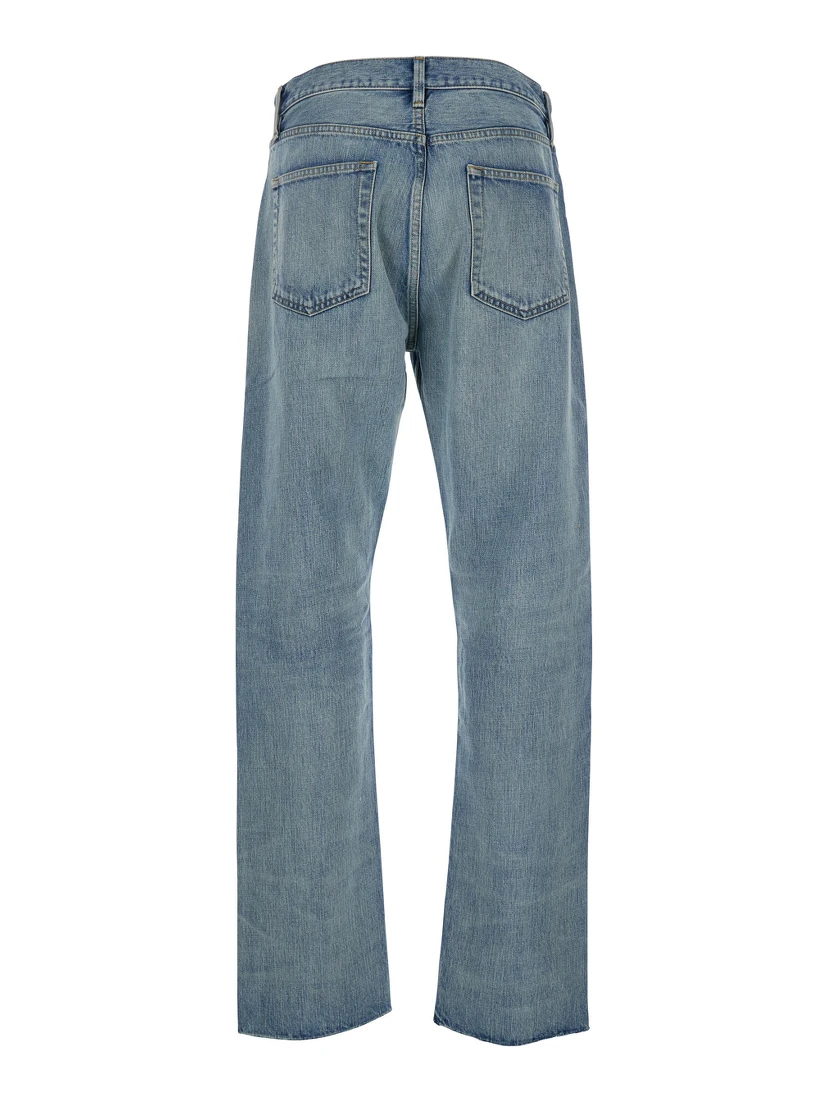 Blue Five-Pocket Jeans with Front Logo Patch in Denim Man
