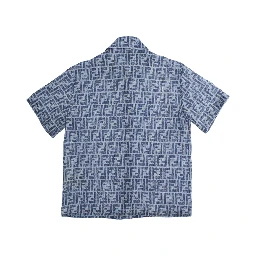 Blue Shirt with Classic Collar and All-Over FF Motif in Linen Boy