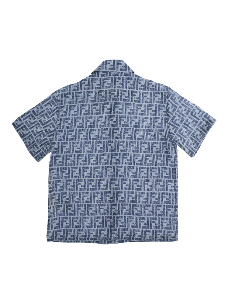 Blue Shirt with Classic Collar and All-Over FF Motif in Linen Boy alternative