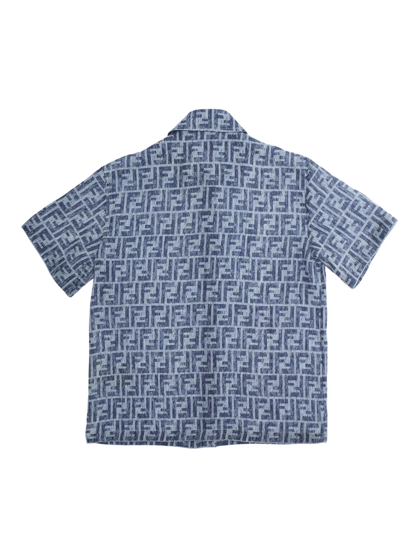 Blue Shirt with Classic Collar and All-Over FF Motif in Linen Boy