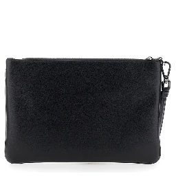 Black Clutch with Removable Wrist Strap and Logo Lettering on the Front in Leather Man
