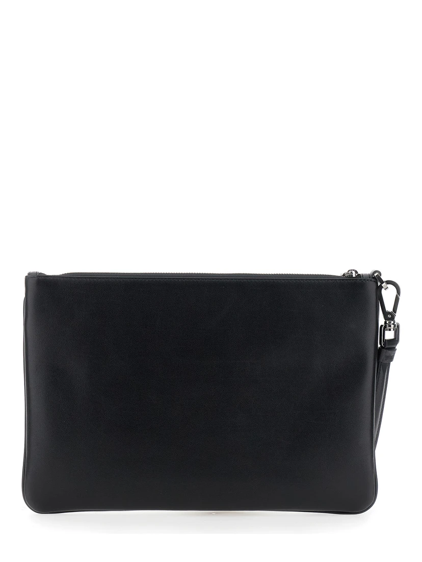Black Clutch with Removable Wrist Strap and Logo Lettering on the Front in Leather Man