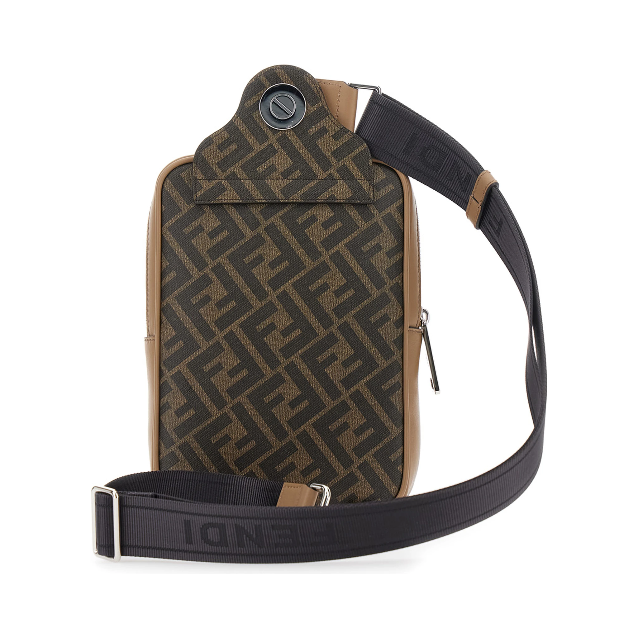 Brown Crossbody Bag with Logo Plaque on the Front and Shoulder Strap in FF Canvas and Leather Woman