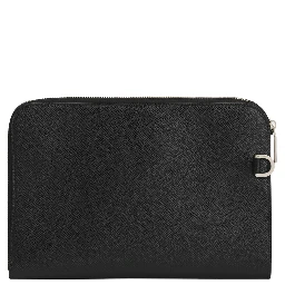 Black Clutch with Removable Wrist Strap and Logo Plaque on the Front in Grained Leather Man