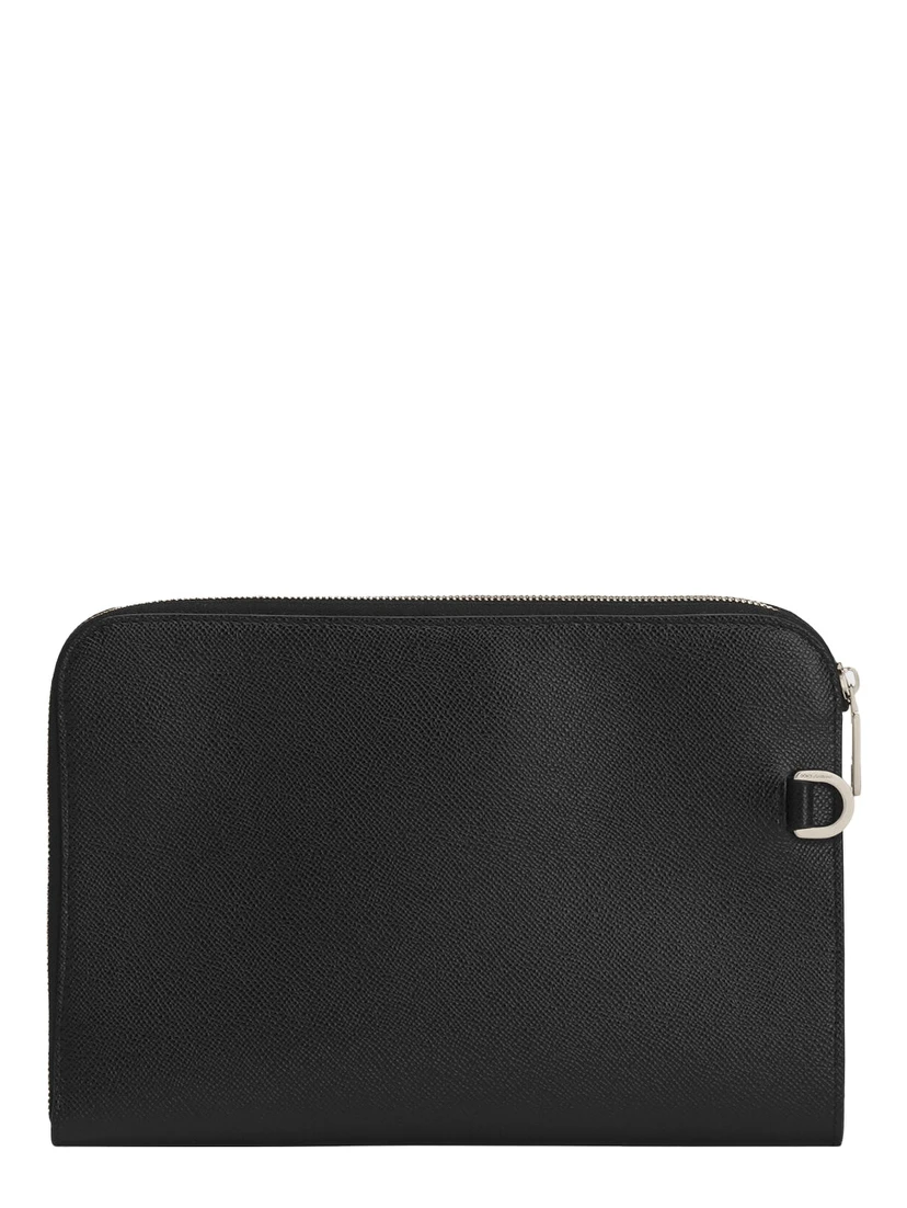 Black Clutch with Removable Wrist Strap and Logo Plaque on the Front in Grained Leather Man