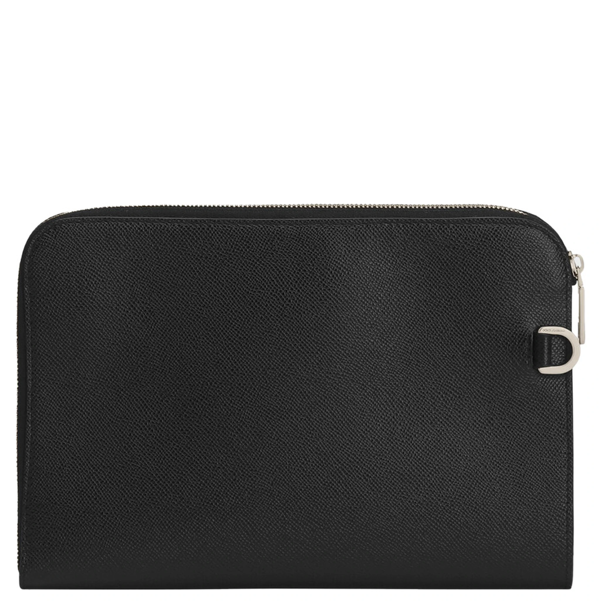 Black Clutch with Removable Wrist Strap and Logo Plaque on the Front in Grained Leather Man