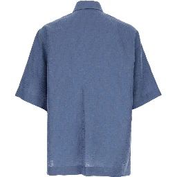 Blue Shirt with Pointed Collar and All-Over FF Motif in Linen Blend Man