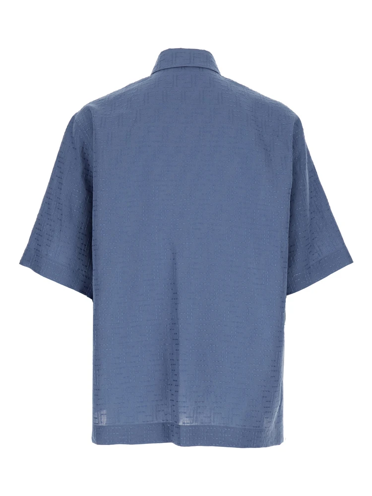Blue Shirt with Pointed Collar and All-Over FF Motif in Linen Blend Man alternative