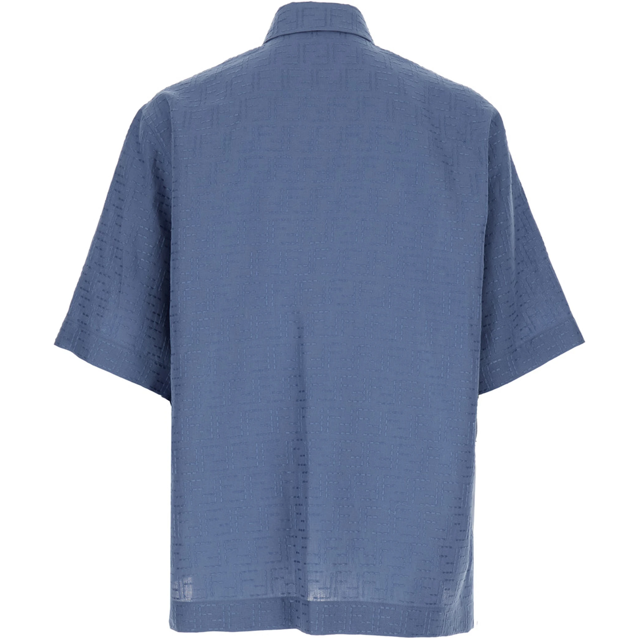 Blue Shirt with Pointed Collar and All-Over FF Motif in Linen Blend Man